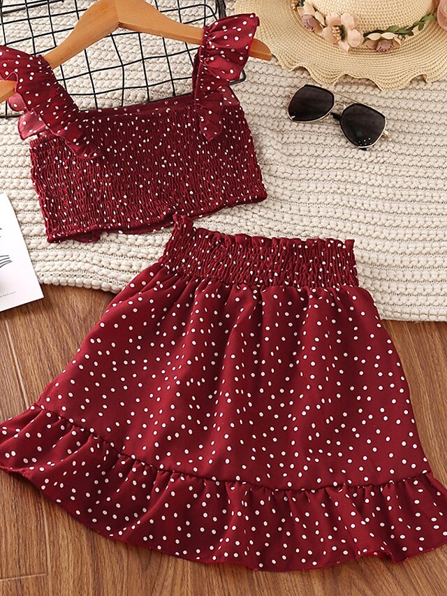 Baby & Kids Girls Clothing | Kids Girls T-shirt & Skirt 2 Pieces Sleeveless Wine Polka Dot Ruched Vacation Outdoor Comfort Sweet