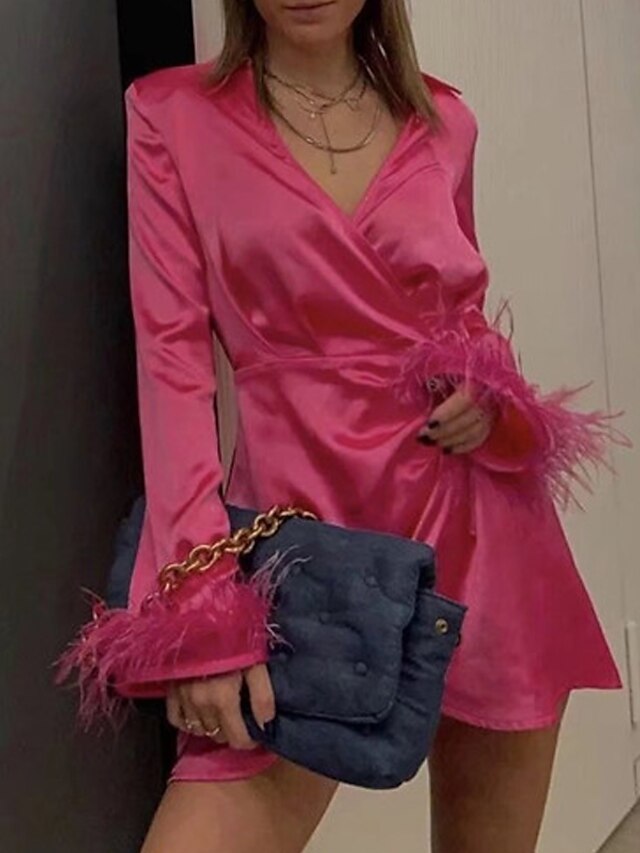 Womens Clothing Womens Dresses | Womens Sheath Dress Short Mini Dress Fuchsia Long Sleeve Pure Color Feather Spring Summer V Nec