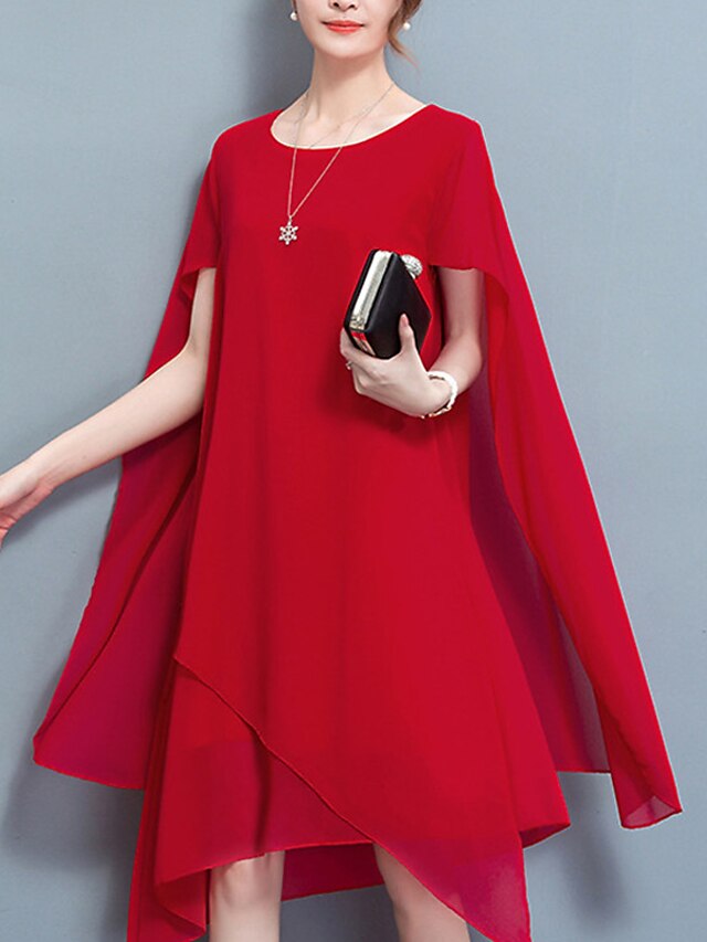 Womens Clothing Womens Dresses | Womens A Line Dress Knee Length Dress Black Red Short Sleeve Pure Color Layered Spring Summer R