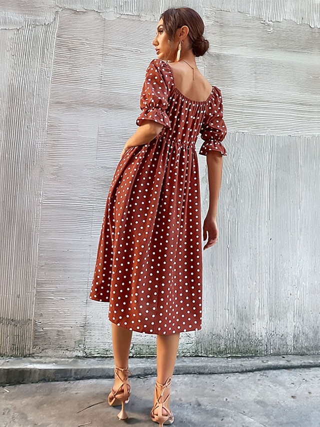 Womens Clothing Womens Dresses | Womens A Line Dress Midi Dress Brown Short Sleeve Polka Dot Print Summer Square Neck Boho 2022 