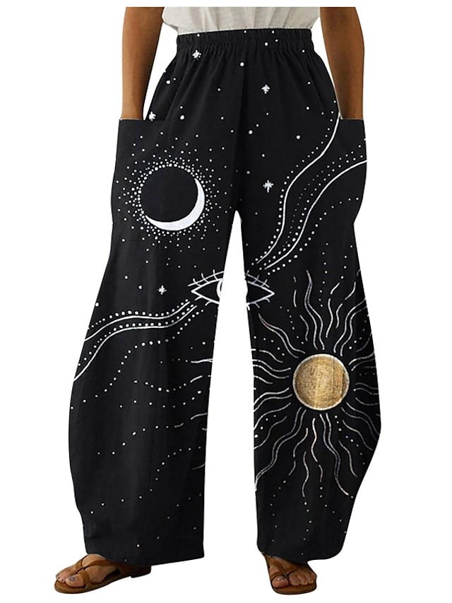 Womens Clothing Plus Size Collection | Womens Plus Size Wide Leg Chinos Pocket Print Galaxy Star Moon Space Casual Chino Casual 