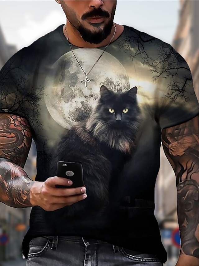  Men's Unisex T shirt Tee Cat Graphic Prints Crew Neck Dark Gray 3D Print Outdoor Street Short Sleeve Print Clothing Apparel Sports Designer Casual Big and Tall / Summer / Summer