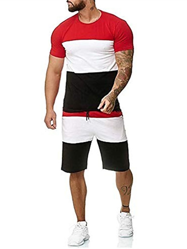  男性用 Tシャツスーツ トラックスーツ テニスシャツ ショーツとTシャツのセット セット 半袖 2個 衣類 コットン スポーツ デザイナー カジュアル