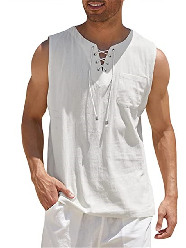  Men's Casual Shirt Solid Colored V Neck Street Casual Lace up Sleeveless Tops Casual Fashion Breathable Comfortable Green White Black / Summer