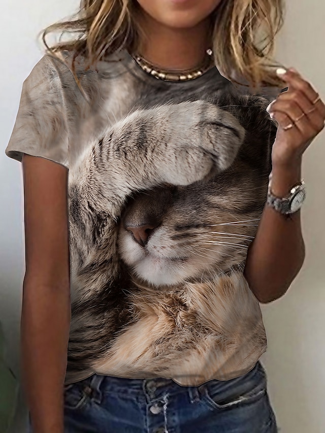 Womens Clothing Womens Tops | Womens Casual Weekend 3D Cat Painting T shirt Tee Cat 3D Short Sleeve Print Round Neck Basic Tops 