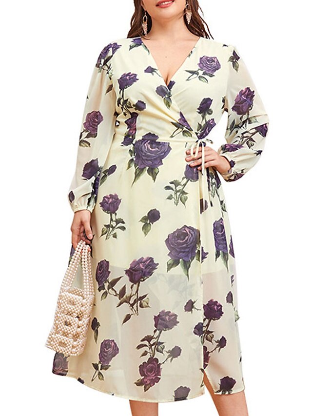 Womens Clothing Plus Size Collection | Womens Plus Size A Line Dress Floral V Neck Ruched Long Sleeve Spring Summer Casual Midi 