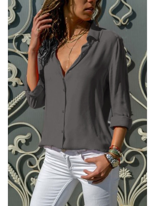 Women's Shirt Blouse Black White Blue Plain Long Sleeve Work Casual ...