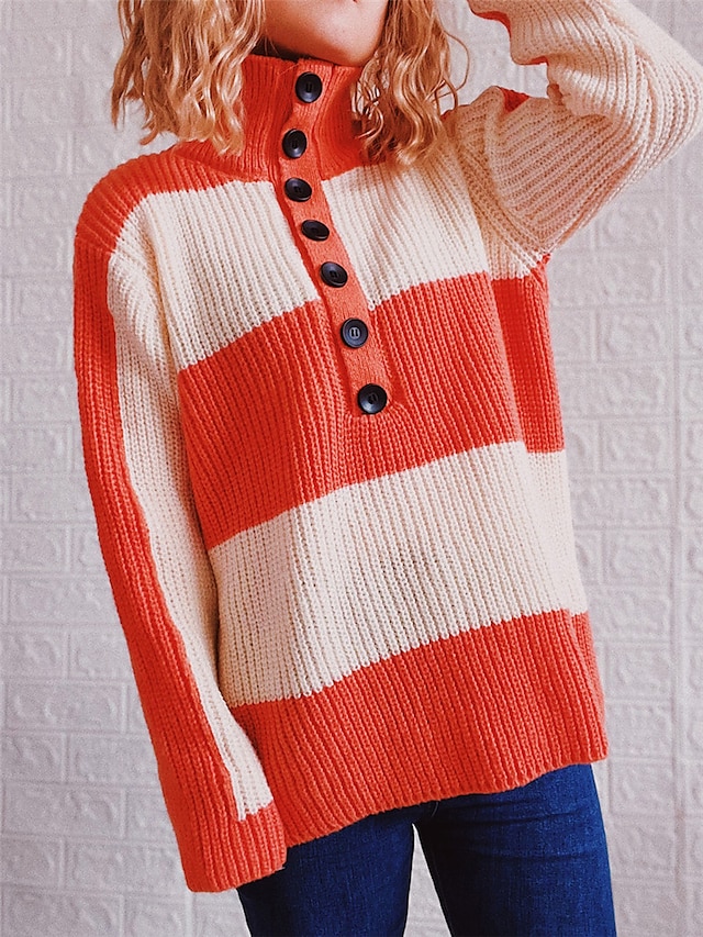 Womens Clothing Sweaters & Cardigans | Womens Pullover Sweater Jumper Ribbed Knit Knitted Button Striped Turtleneck Stylish Eleg