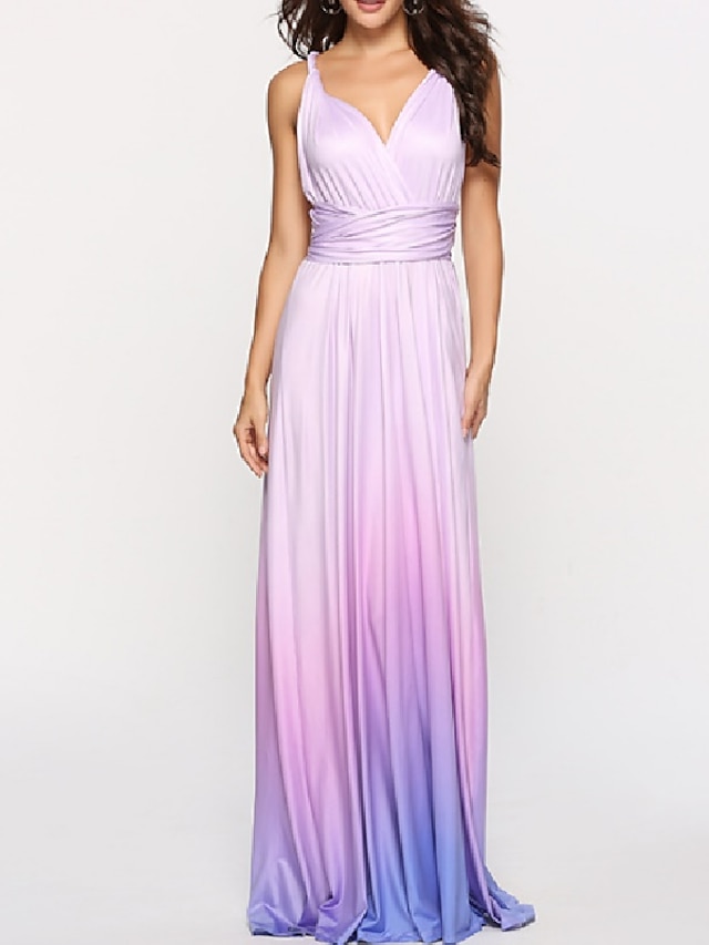  A-Line Ombre Engagement Prom Dress V Neck Backless Crisscross Back Sleeveless Floor Length Jersey with Criss Cross Ruched 2022