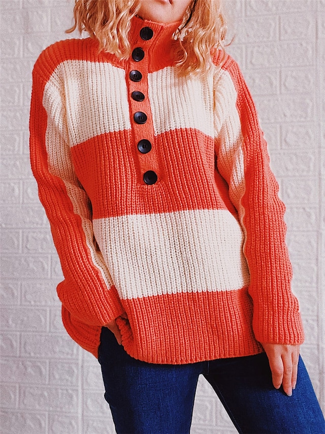 Womens Clothing Sweaters & Cardigans | Womens Pullover Sweater Jumper Ribbed Knit Knitted Button Striped Turtleneck Stylish Eleg