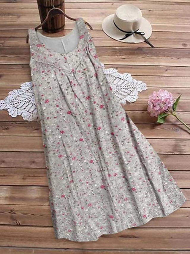 Womens Clothing Plus Size Collection | Womens Plus Size A Line Dress Floral Round Neck Print Sleeveless Spring Summer Casual Sho