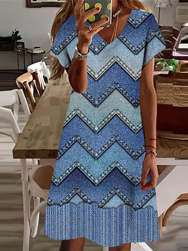 Womens Clothing Womens Dresses | Womens A Line Dress Knee Length Dress Blue Short Sleeve Geometric Print Spring Summer V Neck St