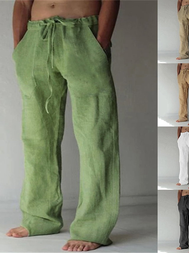  Men's Linen Pants Solid Color Casual Pants Fashion Straight-Leg Trousers Baggy Pants With Pockets Drawstring Elastic Waist Design Beach Pants Daily Yoga Cotton Blend Comfort Soft Mid Waist Green Whit