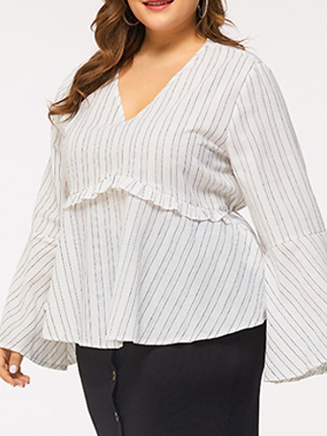 Womens Clothing Plus Size Collection | Womens Plus Size Tops Shirt Striped Ruffle Print Long Sleeve V Neck Streetwear Daily Goin