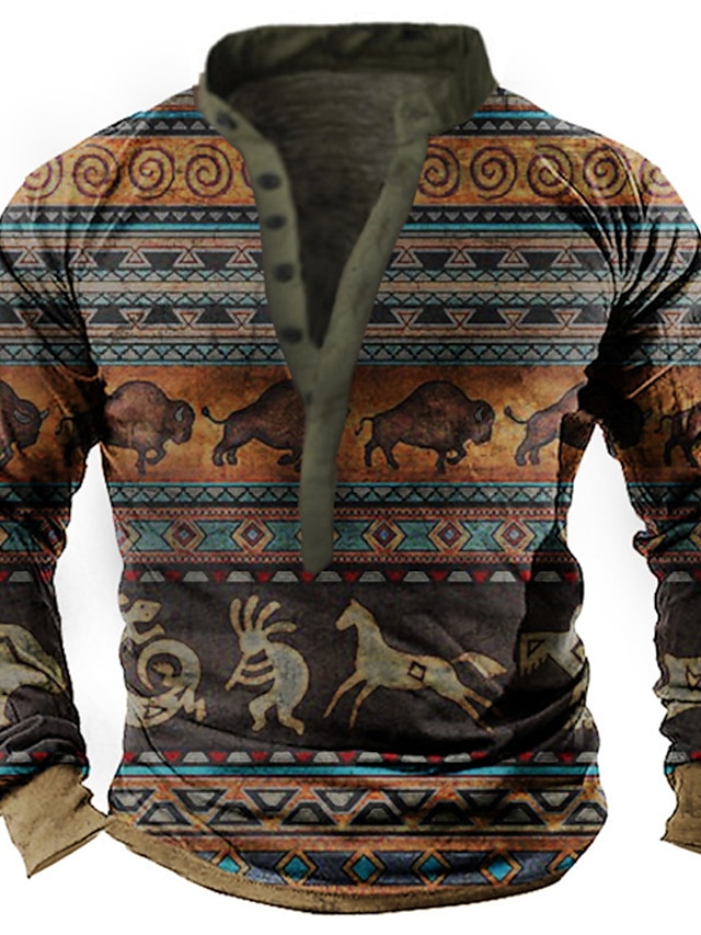  Men's Sweatshirt Pullover Basic Vintage Designer Graphic Animal Tribal Navy-blue Brown Gray Print Plus Size Henley Collar Sports & Outdoor Casual Daily Long Sleeve Clothing Clothes Regular Fit