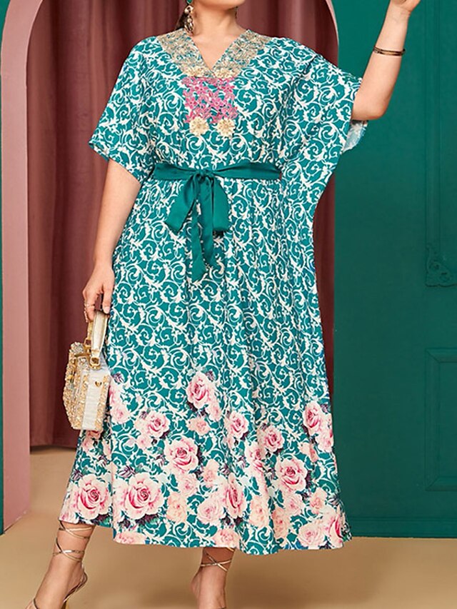 Women's Plus Size Holiday Dress Floral V Neck Print Half Sleeve Fall Spring Casual Maxi long Dress Causal Daily Dress