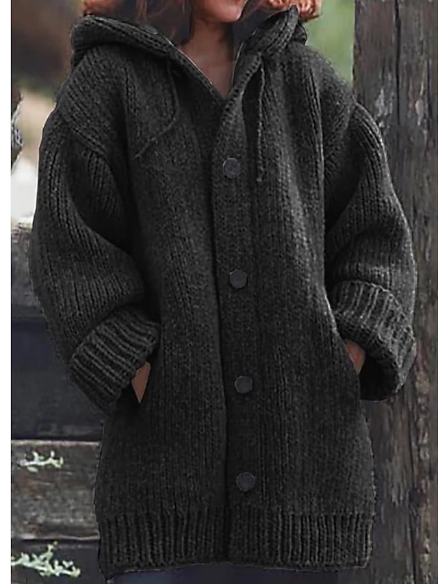  Women's Cardigan Sweater Basic Casual Soft Solid Color Maillard Chunky Open Front Buttons Knitted Long Sleeve Long Tops Knit Daily Weekend Black Gray Fall Winter