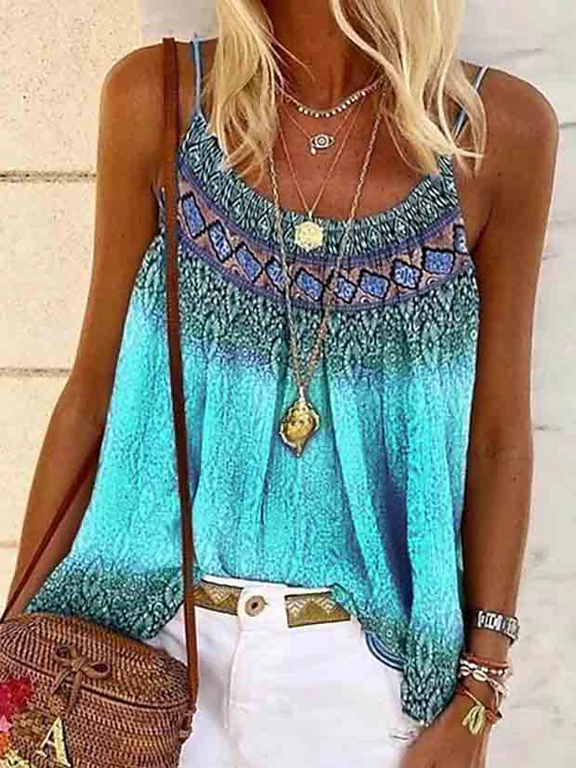 Women's Plus Size Camisole Tank Top Camisole Summer Tops Boho Geometric Sleeveless Strap Holiday Beach Yellow Pink Blue Purple 6
