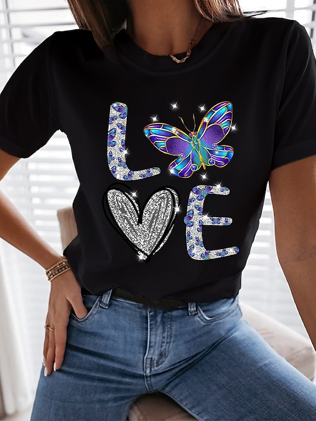 Womens Clothing Womens Tops | Womens Casual Valentine Weekend Butterfly Painting T shirt Tee Butterfly Heart Text Short Sleeve P