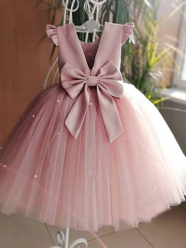  A-Line Knee Length Flower Girl Dress First Communion Girls Cute Prom Dress Satin with Bow(s) Tutu Fit 3-16 Years