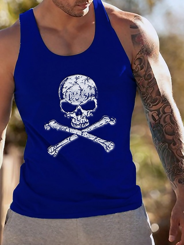  Men's Tank Top Vest Summer Sleeveless Skull Crew Neck Casual Daily Clothing Clothes Lightweight Casual Fashion White Black Blue
