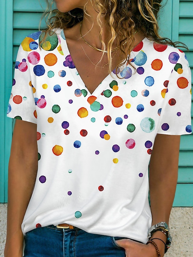  Damen T Shirt Graphic Punkt Casual Täglich Sport Bedruckt Weiß Kurzarm Vintage Basic Strand Design V Ausschnitt