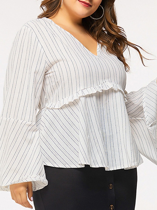 Womens Clothing Plus Size Collection | Womens Plus Size Tops Shirt Striped Ruffle Print Long Sleeve V Neck Streetwear Daily Goin