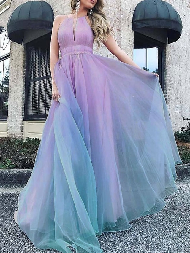 A-Line Ombre Fairy Prom Valentine's Day Dress Jewel Neck Sleeveless Floor Length Chiffon with Sleek Pleats 2022