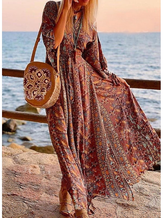 Womens Clothing Womens Dresses | Womens A Line Dress Maxi long Dress Brown Long Sleeve Floral Print Ruched Print Spring Summer V