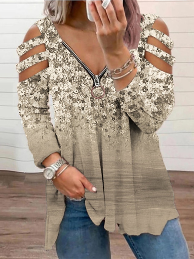 Womens Clothing Plus Size Collection | Womens Plus Size Tops Blouse Shirt Floral Cut Out Zipper Long Sleeve V Neck Streetwear Da