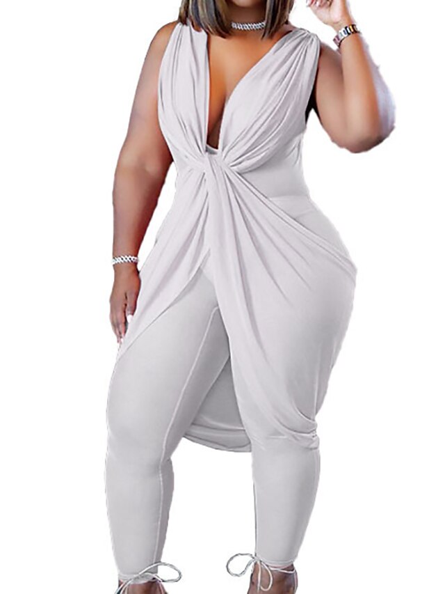  Women's Plus Size Curve Jumpsuit V Neck Solid Color Casual Casual Daily High Full Length Spring Summer White Black Gray L XL XXL 3XL 4XL