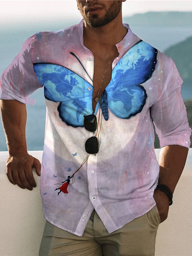  Men's Summer Hawaiian Shirt Shirt 3D Print Butterfly Animal Stand Collar Casual Daily Button-Down Print Long Sleeve Tops Designer Casual Fashion Comfortable Purple
