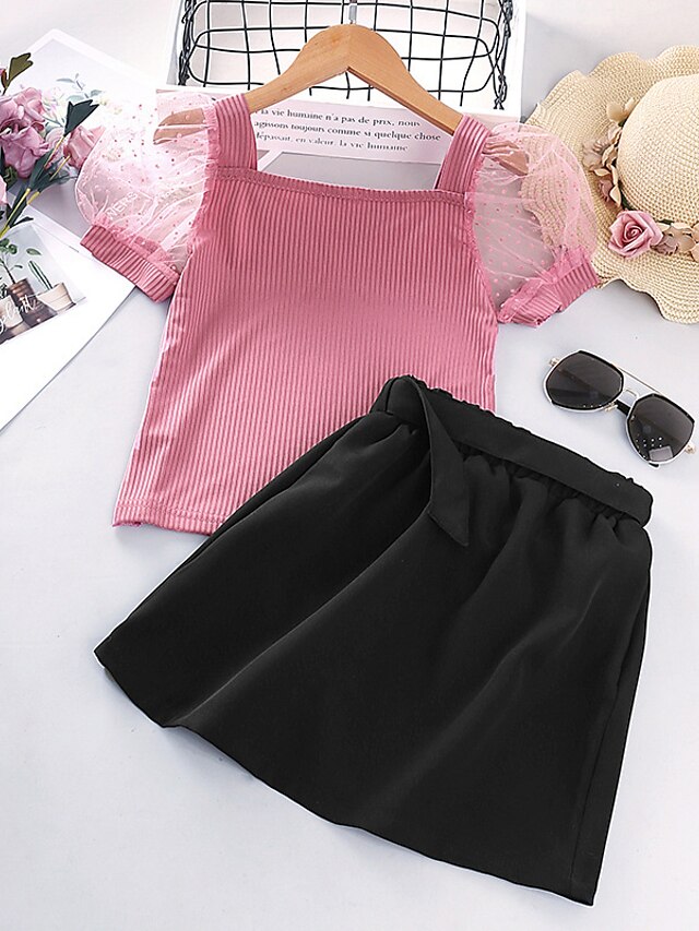 Baby & Kids Girls Clothing | Kids Girls T-shirt & Skirt 2 Pieces Short Sleeve Long Sleeve Pink Solid Color Loose Vacation Outdoo