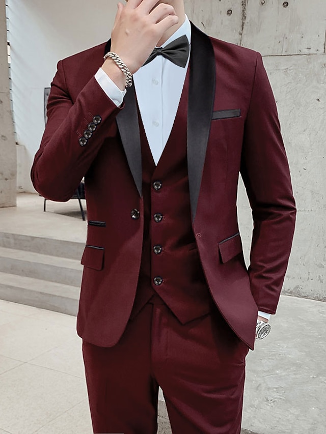  Dark Grey Burgundy Men's Prom Suits Wedding Party Ceremony Tuxedos 3 Piece Shawl Collar Solid Color Standard Fit Single Breasted One-button 2024