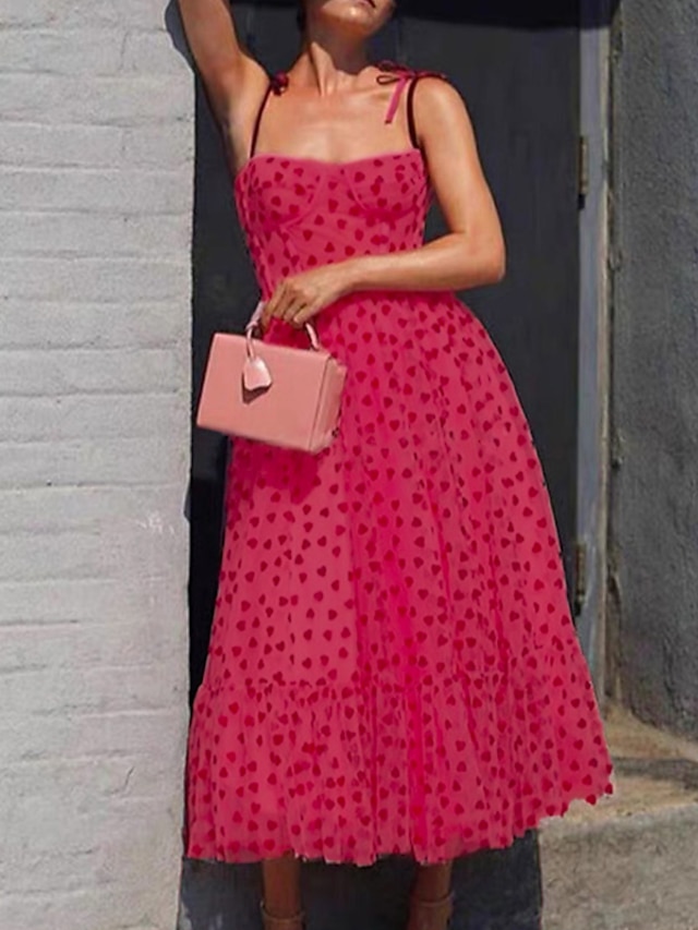 Womens Clothing Womens Dresses | Womens A Line Dress Midi Dress Pink Long Sleeve Polka Dot Backless Print Spring Summer Spaghett