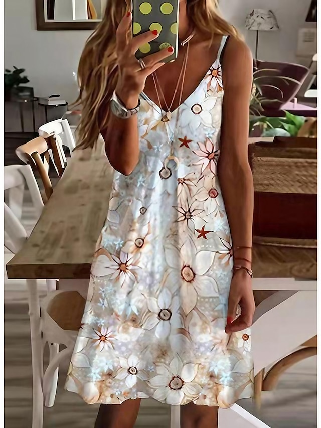  Women's Casual Dress Mini Dress Beige Sleeveless Floral Print Summer Spring Spaghetti Strap Casual 2023 S M L XL XXL