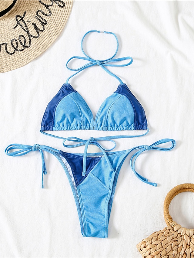 Womens Clothing Womens Swimwear | Womens Swimwear Bikini 2 Piece Normal Swimsuit Open Back Color Block Blue Halter V Wire Bathin