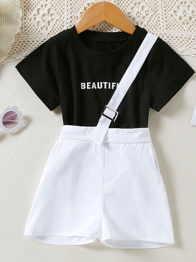 Baby & Kids Girls Clothing | Kids Girls T-shirt & Shorts Clothing Set 2 Pieces Short Sleeve Black Letter Indoor Outdoor Cute Swe