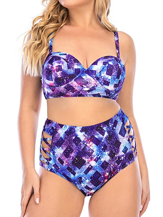 Womens Clothing Womens Swimwear | Womens Swimwear Bikini 2 Piece Plus Size Swimsuit Open Back Printing for Big Busts Galaxy Purp