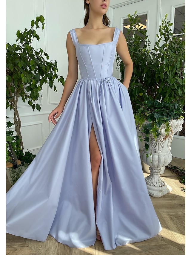 A-Line Minimalist Elegant High Split Engagement Prom Dress Square Neck ...