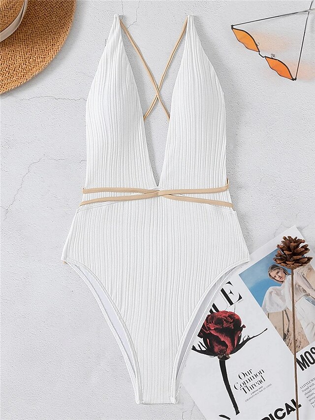 Womens Clothing Womens Swimwear | Womens Swimwear One Piece Monokini Bathing Suits Normal Swimsuit Lace up Open Back Pure Color 