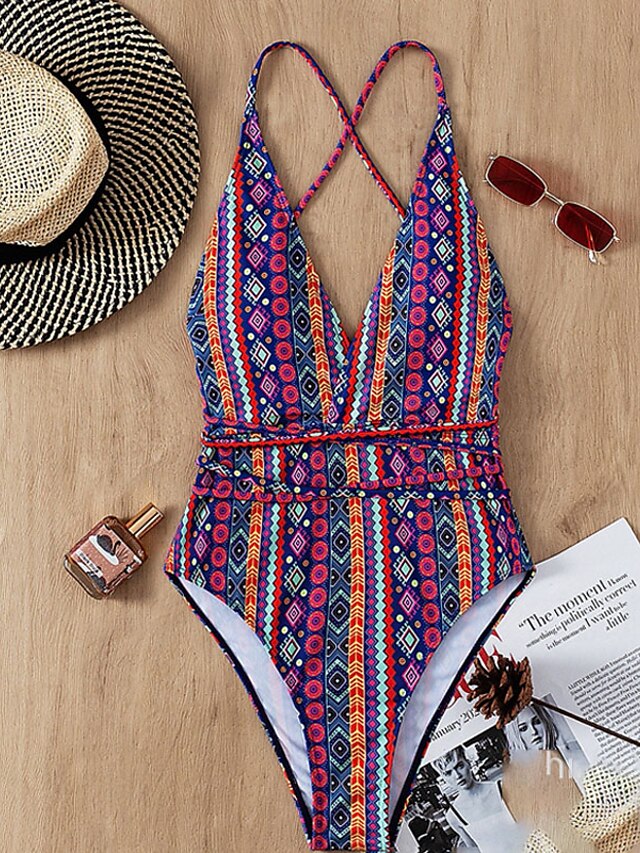 Womens Clothing Womens Swimwear | Womens Swimwear One Piece Monokini Bathing Suits Normal Swimsuit Tummy Control Open Back Print