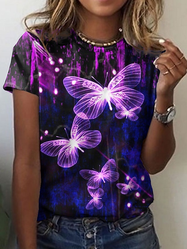  Women's Butterfly Design T shirt Graphic Butterfly 3D Print Round Neck Basic Tops Green Purple Pink