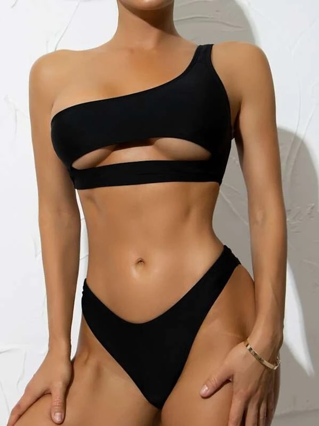 Womens Clothing Womens Swimwear | Womens Swimwear Bikini 2 Piece Normal Swimsuit 2 Piece Open Back Hole Pure Color Black Royal B