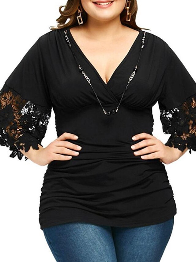 Womens Clothing Plus Size Collection | Womens Plus Size Tops T shirt Plain Lace Half Sleeve V Neck Sexy Streetwear Daily Going o