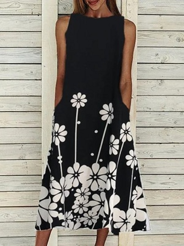 Womens Clothing Womens Dresses | Womens Swing Dress Maxi long Dress Black gray Sleeveless Floral Print Summer Crew Neck Elegant 