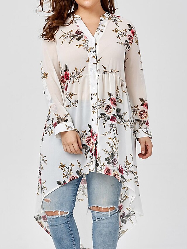 Womens Clothing Plus Size Collection | Womens Plus Size Tops Blouse Floral Print Long Sleeve V Neck Streetwear Festival Daily Sp