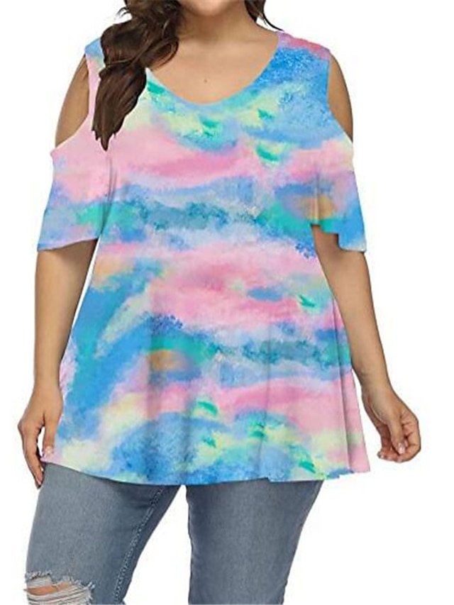 Womens Clothing Plus Size Collection | Womens Plus Size Tops T shirt Tee Floral Tie Dye Cut Out Print Short Sleeve One Shoulder 