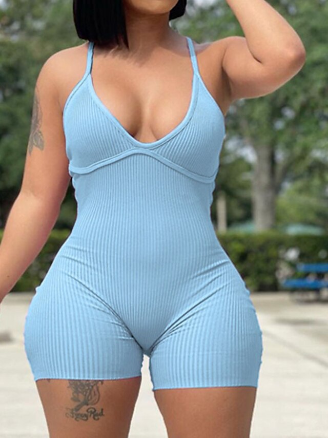 Womens Clothing Womens Jumpsuits & Rompers | Womens Romper Backless Solid Color V Neck Active Home Sport Regular Fit Sleeveless 