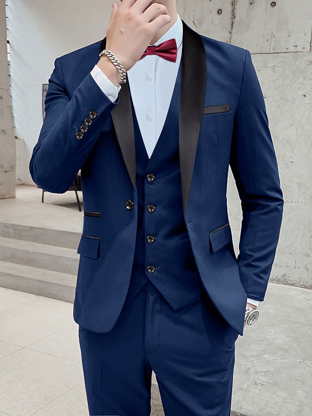  Burgundy Blue Men's Wedding Ceremony Tuxedos 3 Piece Solid Color Shawl Collar Standard Fit Single Breasted One-button 2023